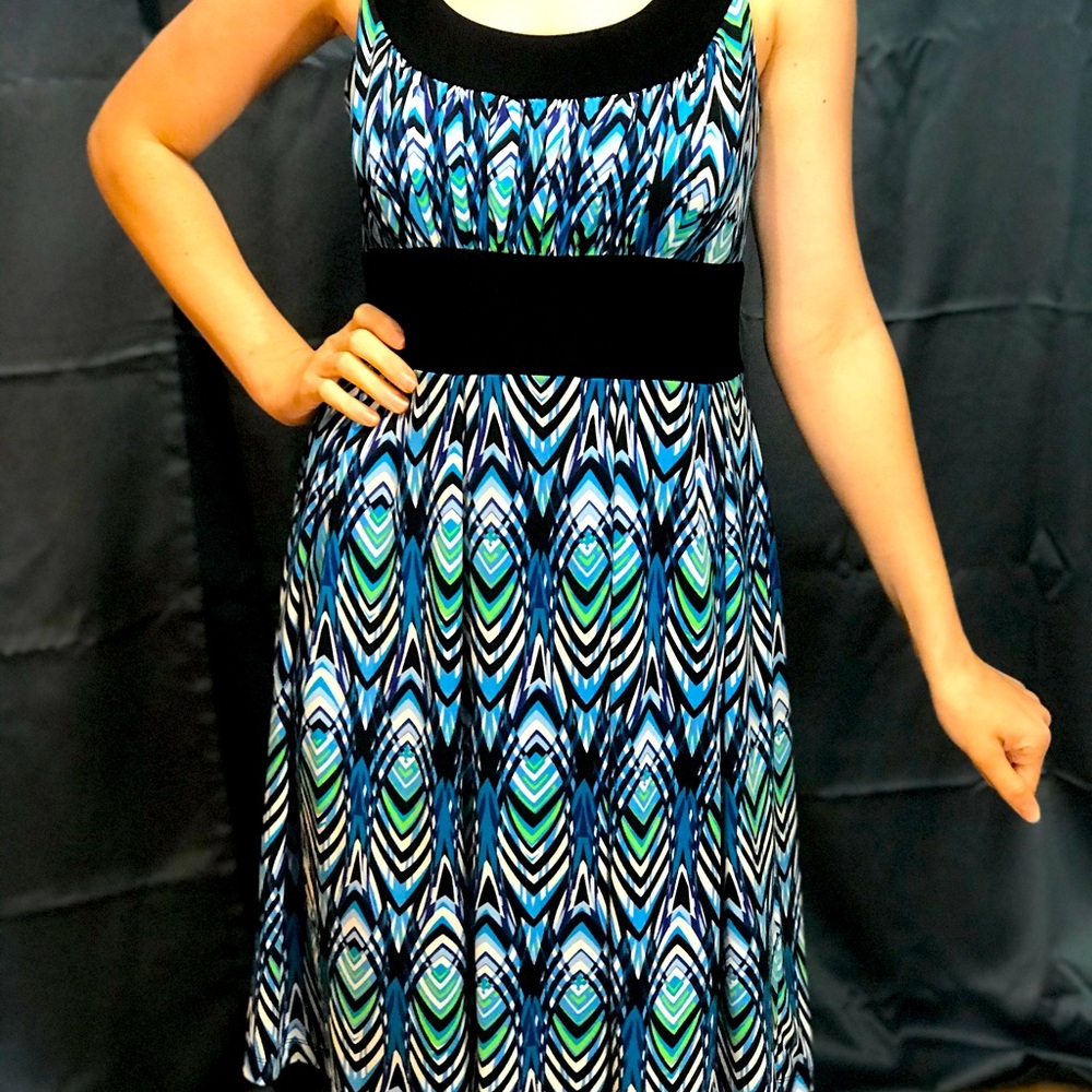Blue, black, & green graphic dress